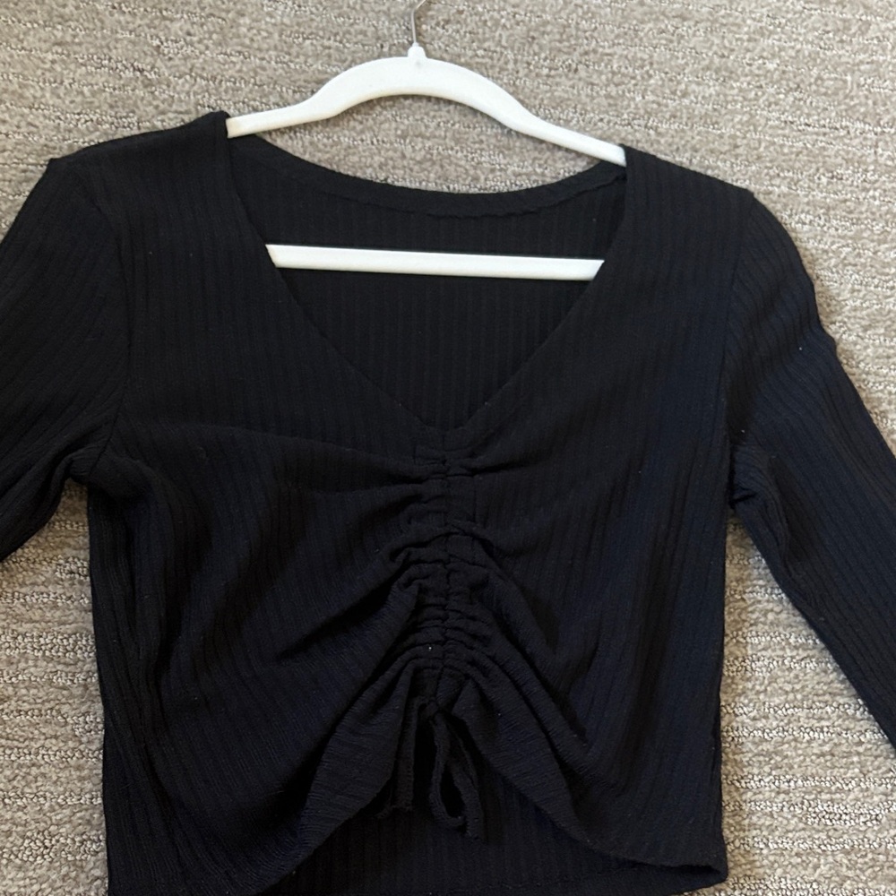 SHEIN Black Ruched V-Neck Blouse
